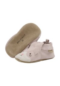 Mjuka rosa mockaskor för spädbarn med en kattdesign på tån, med broderade detaljer och en flexibel beige sula.