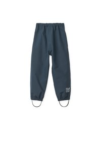 Tumesinised veekindlad püksid elastse vöökohaga, elastsete mansettide ja reguleeritavate nööridega pahkluude juures. Alumisel säärel on logo.