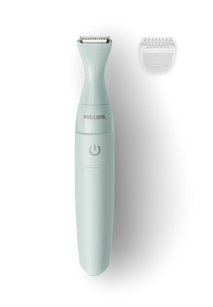 Tagliacapelli elettrico Philips con pulsante di accensione e pettine in plastica trasparente staccabile su sfondo bianco.