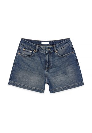Denim shorts in een middelblauwe wassing, met een klassieke vijfzakkenontwerp, rechte snit en subtiele vervaging op de stof.