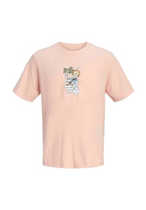 Hellrosa kurzärmeliges T-Shirt mit einer Grafik einer Skelett-Hand, die ein tropisches Getränk mit Palmen, einer Zitronenscheibe und einem Strohhalm hält.
