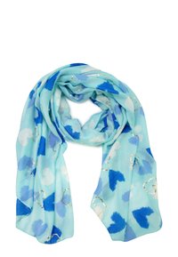 helderblauwe sjaal met een aquarel hartpatroon in verschillende tinten blauw, met subtiele gouden accenten. Zachte, lichte stof.