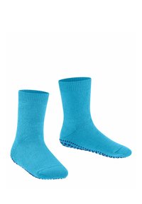 Türkise Baumwollsocken mit geripptem Bündchen und rutschfestem lila gepunktetem Grip auf der Sohle, knielang, weiche Textur und nahtloses Design.