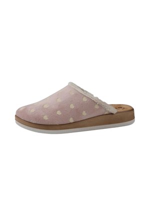Ciabatta rosa con una parte superiore morbida decorata con piccoli cuori bianchi, foderata in pelliccia sintetica e con una leggera suola in legno.