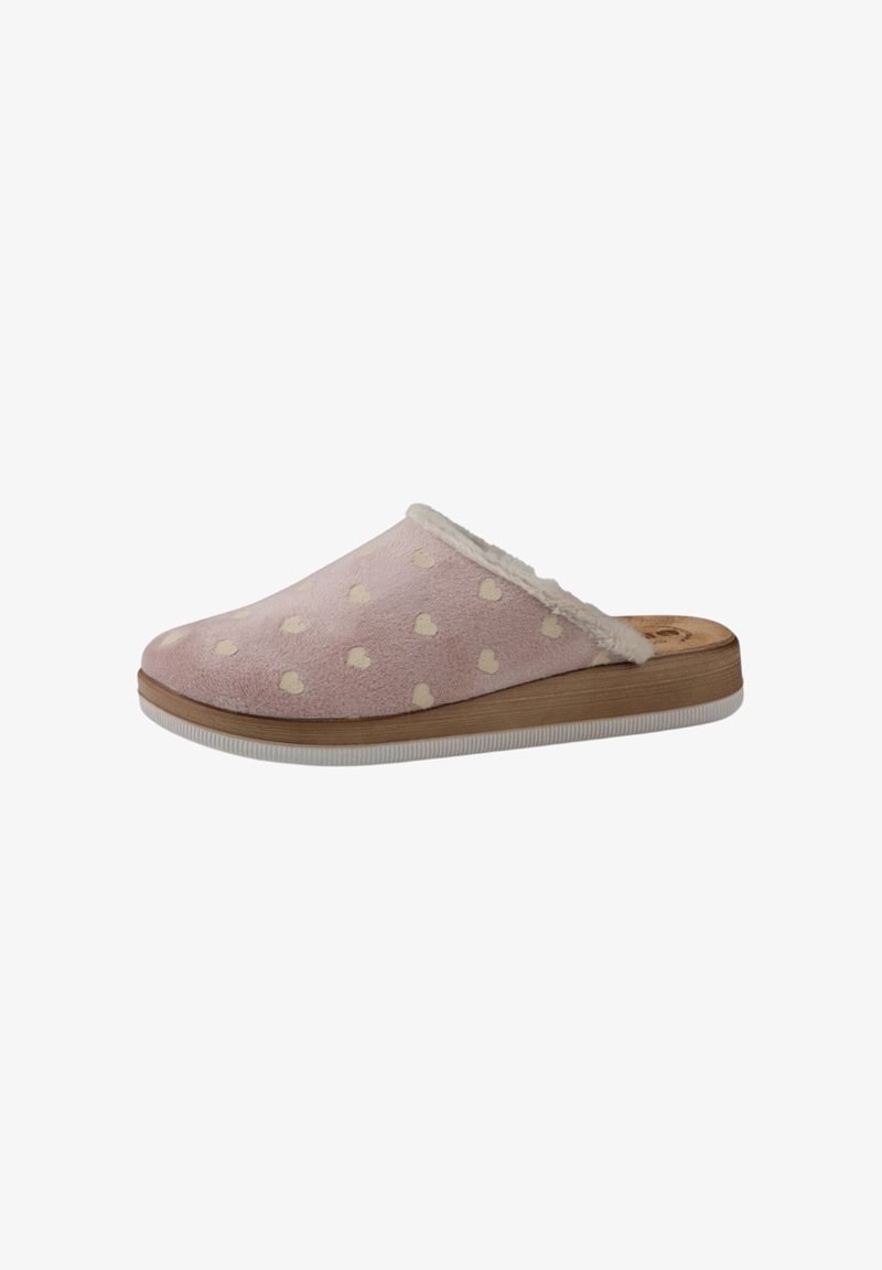 Ciabatta rosa con una parte superiore morbida decorata con piccoli cuori bianchi, foderata in pelliccia sintetica e con una leggera suola in legno.