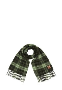 Sciarpa a quadri verdi con bordi frangiati. Realizzata in tessuto morbido, presenta un motivo a scacchi con tonalità di verde scuro e chiaro e accenti gialli.
