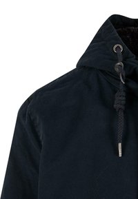 Black hooded jacket with a drawstring, featuring a soft, textured lining and metal hardware details at the neckline.