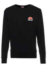 Sudadera negra de manga larga, con puños y dobladillo acanalados. Presenta un pequeño logo de ellesse en blanco y naranja en el pecho. Textura suave.