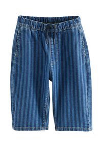 Denim-Shorts mit einem blauen und dunkelblauen vertikalen Streifenmuster, elastischem Bund mit Kordelzug, Seitentaschen und genähtem Saum.
