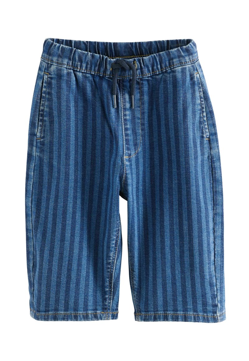 Denim-Shorts mit einem blauen und dunkelblauen vertikalen Streifenmuster, elastischem Bund mit Kordelzug, Seitentaschen und genähtem Saum.