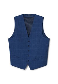 Gilet da uomo blu a quadri con colletto a V e due tasche frontali, progettato per abbigliamento formale o semi-formale.