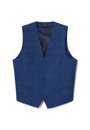 Herren-Weste aus blauem Karostoff mit Knopfleiste, V-Ausschnitt und zwei vorderen Taschen, maßgeschneidert für formelle oder semi-formelle Anlässe.