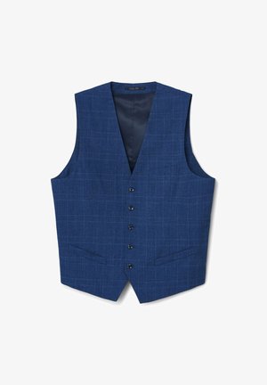 Herren-Weste aus blauem Karostoff mit Knopfleiste, V-Ausschnitt und zwei vorderen Taschen, maßgeschneidert für formelle oder semi-formelle Anlässe.