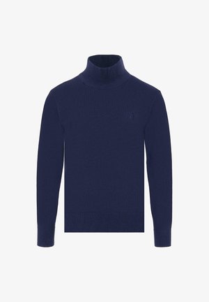 Granatowy sweter z golfem wykonany z miękkiej dzianiny. Posiada długie rękawy, ściągacze na mankietach oraz subtelny akcent logo na klatce piersiowej.