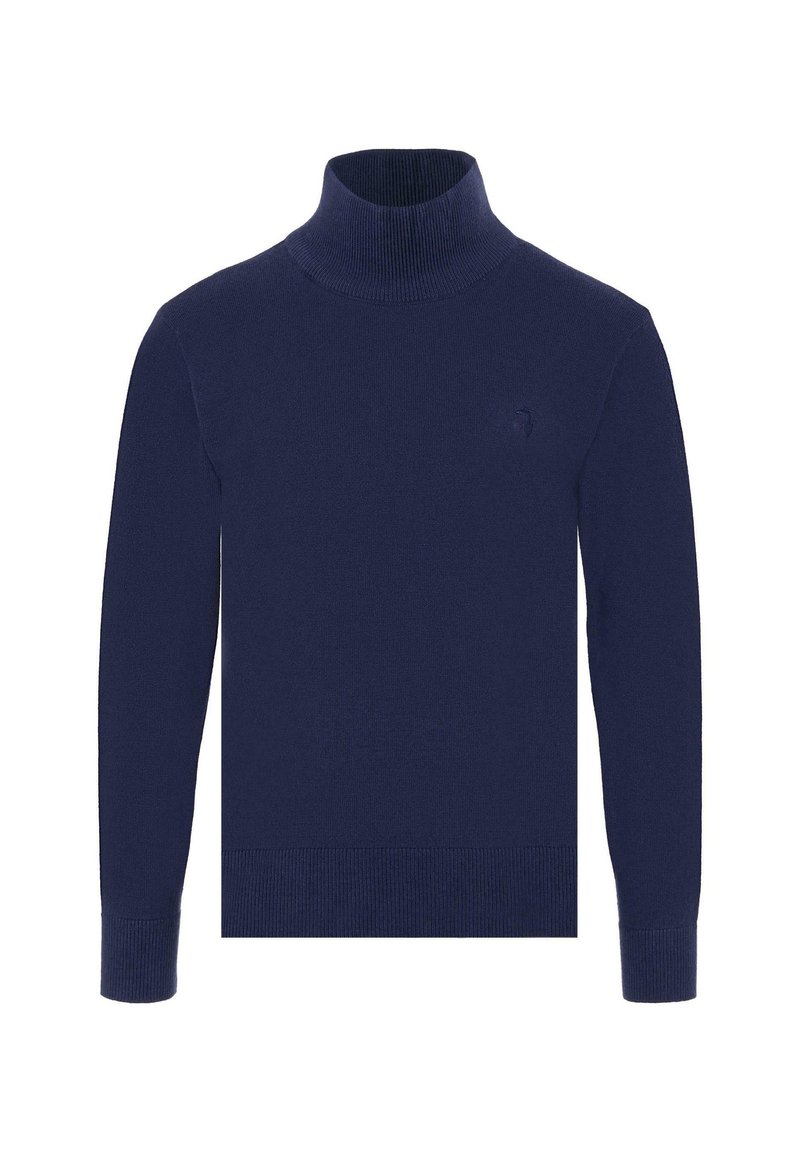 Maglione a collo alto blu navy realizzato in morbido tessuto a maglia. Presenta maniche lunghe, polsini a coste e un discreto accento con logo sul petto.
