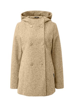 Beige, gevoerd jack met een textuurstof, dubbelzijdig ontwerp en vier grote knopen. Heeft twee voorzakken en een iets uitlopende vorm.