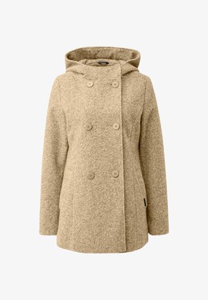 Beige, kapuzenjacke aus strukturiertem Stoff, doppelt knöpfes Design und vier großen Knöpfen. Mit zwei Fronttaschen und einer leicht ausgestellten Form.