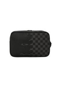 Borsa in pelle nera con finitura testurizzata, caratterizzata da un motivo a scacchi e un design a goccia, in diverse sfumature di nero e grigio.