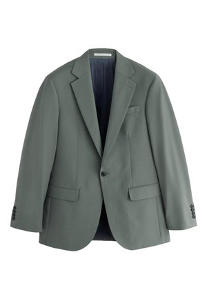 Enkeltknappet olivengrøn herreblazer med hakkede revers, klaplommer og mørk indvendig foring, vist mod en hvid baggrund.