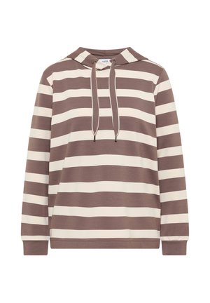 Bluza z kapturem w brązowo-kremowe paski, wykonana z miękkiego materiału, z kapturem na sznurek i ściągaczami na rękawach dla wygodnego dopasowania.