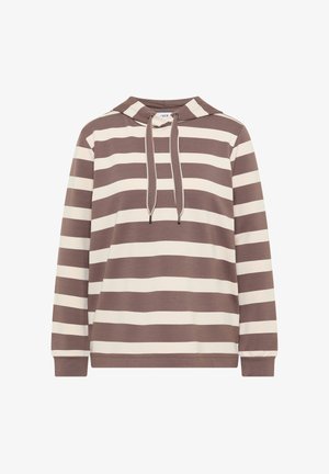 Bluza z kapturem w brązowo-kremowe paski, wykonana z miękkiego materiału, z kapturem na sznurek i ściągaczami na rękawach dla wygodnego dopasowania.