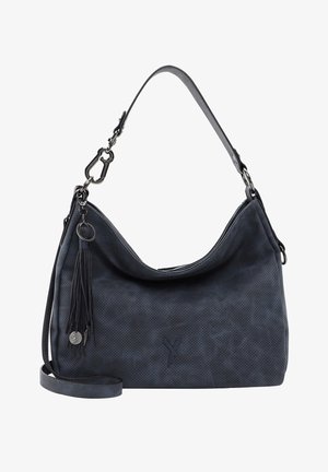 Tmavě modrá kožená kabelka s texturovaným vzorem, nastavitelným popruhem, kovovými akcenty a detailem s třásněmi na jedné straně.