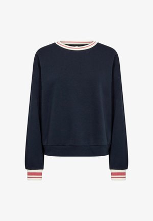 Navy blue long-sleeve sweatshirt with white and pink striped ribbed cuffs and collar, crew neckline, and relaxed fit.