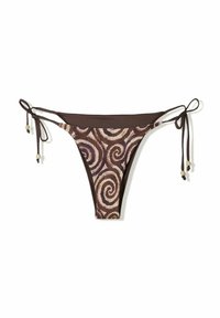 Bikini onderkant met een bruine print met krullen, verstelbare strikken met kralen en een gladde stoftextuur, geschikt voor zwemkleding.
