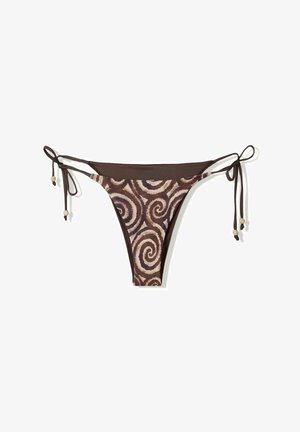 Bikini alsó, barna mintával és örvényekkel, állítható megkötőkkel és gyöngyökkel, sima szövettextúrával, amely úszónadrágnak megfelelő.
