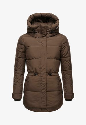 Jachetă căptușită maro cu guler înalt, șnururi reglabile, două buzunare frontale și manșete ribbate. Finisaj din țesătură netedă și texturată.