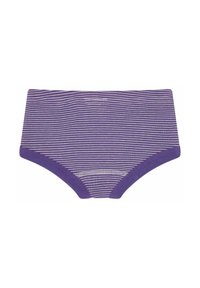 Mutande a righe viola con un design a vita alta. Tessuto morbido con bordi a contrasto di un solido viola in vita e nelle aperture delle gambe.