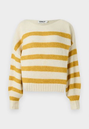Maglione a righe crema e senape con un ampio scollo a barca, polsini e orlo a coste. Texture morbida, design cropped e vestibilità ampia.