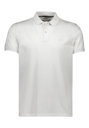 White polo shirt made of cotton, featuring a two-button placket, short sleeves, and a subtle logo on the chest. Flat knit collar.