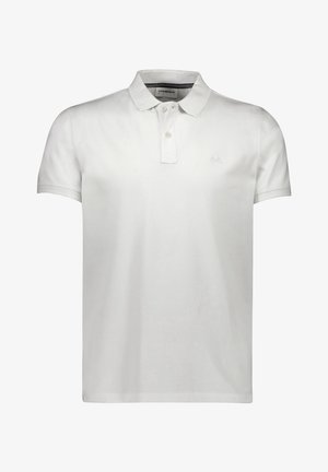 White polo shirt made of cotton, featuring a two-button placket, short sleeves, and a subtle logo on the chest. Flat knit collar.