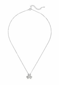 Hopeaketju, jossa on pieni nelilehtinen apila, joka on koristeltu kimaltelevilla kristalleilla, ja jossa on säädettävä lukko.