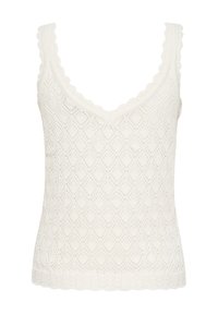 Witte gebreide tanktop met geschulpte randen, featuring een diamantenpatroon en een diepe V-hals. Lichtgewicht textuur en een fitted ontwerp.
