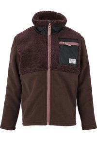 Brown fleece jacket with a plush burgundy top panel, high collar, and a zippered black chest pocket. Features contrasting pink zipper.