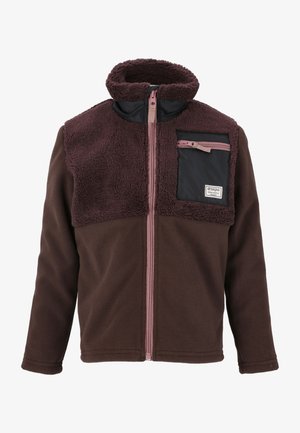 Veste en polaire marron avec un panneau supérieur en velours bourgogne, col haut et poche poitrine zippée noire. Dotée d'une fermeture éclair rose contrastante.