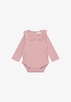Rosa, geripptes Baby-Body mit langen Ärmeln, Spitzenvolant am Kragen und Druckknöpfen am unteren Teil.