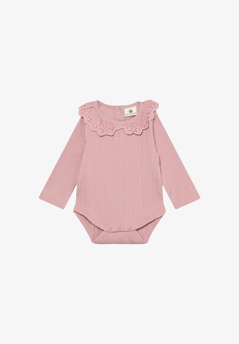 Różowe prążkowane body niemowlęce z długim rękawem, kołnierzem z falbanką z ażurowej koronki oraz zatrzaskami u dołu.