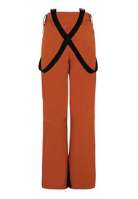 Pantaloni da sci arancioni con bretelle nere regolabili, design a gamba larga, texture morbida e cuciture rinforzate lungo le cuciture.