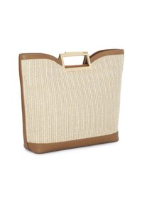 Sac fourre-tout en textile beige tissé avec des accents en cuir synthétique marron, doté d'une poignée rectangulaire en métal doré et d'un design ondulé sur le dessus.