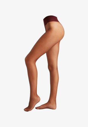 Medias transparentes con una banda superior sólida de color burdeos, que presentan una textura suave y un color nude en la sección de las piernas, destacando un diseño sin costuras.