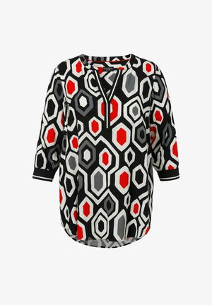 Multicolored blouse featuring hexagonal patterns in red, gray, and black on a white background, with a split neckline and three-quarter sleeves.