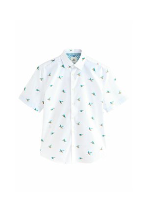 Korte mouwen overhemd in witte stof met een patroon van kleine blauwe en oranje vogels. Heeft een spitse kraag en een getailleerde pasvorm.