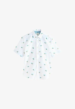 Koszula z krótkim rękawem zapinana na guziki, wykonana z białej tkaniny w wzór małych niebieskich i pomarańczowych ptaków. Posiada kołnierz w kształcie strzały oraz dopasowany krój.