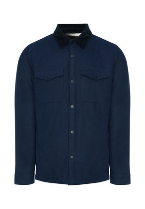 Giacca camicia blu navy realizzata in tessuto morbido, con colletto in corduroy nero, due tasche sul petto e chiusura frontale con bottoni.