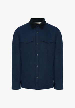 Giacca camicia blu navy realizzata in tessuto morbido, con colletto in corduroy nero, due tasche sul petto e chiusura frontale con bottoni.