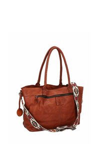 Borsa a tracolla in pelle marrone con manici intrecciati, una tasca frontale con zip e una tracolla decorata con motivi che presentano accenti rossi, neri e bianchi.