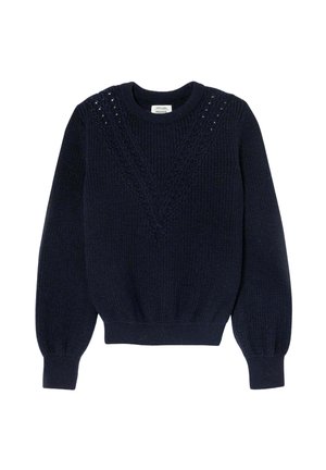 Pull en maille bleu marine avec un décolleté en V, une surface texturée et des manches bouffantes. Présente des coutures décoratives aux épaules et à l'ourlet.